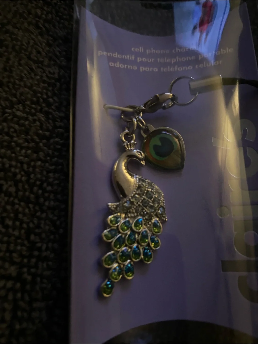 Claire's Silver Peacock Phone Charm with Green and Blue Gems